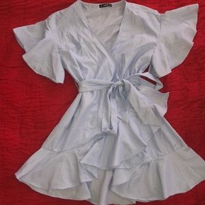 Blue pinstripe wrap dress